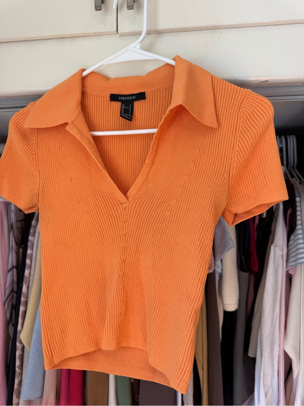 Forever 21 Orange Ribbed Collared V-Neck Crop Top